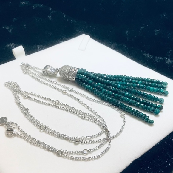 Genuine Emerald & Zircon Tassel Pendant Necklace - Picture 6 of 9